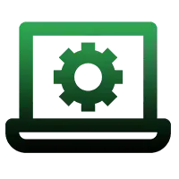 A laptop with a gear on the screen.