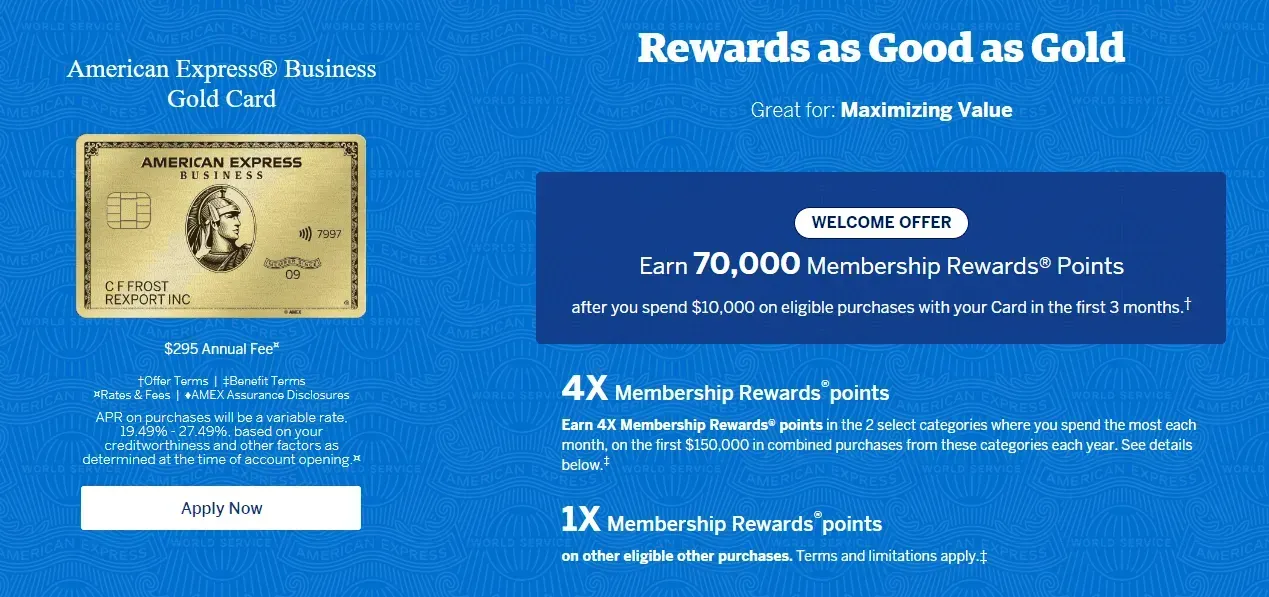 A gold american express card is on a blue background