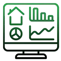 An icon of a computer monitor with graphs on it.