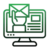 A computer monitor with a hand holding an envelope on it.