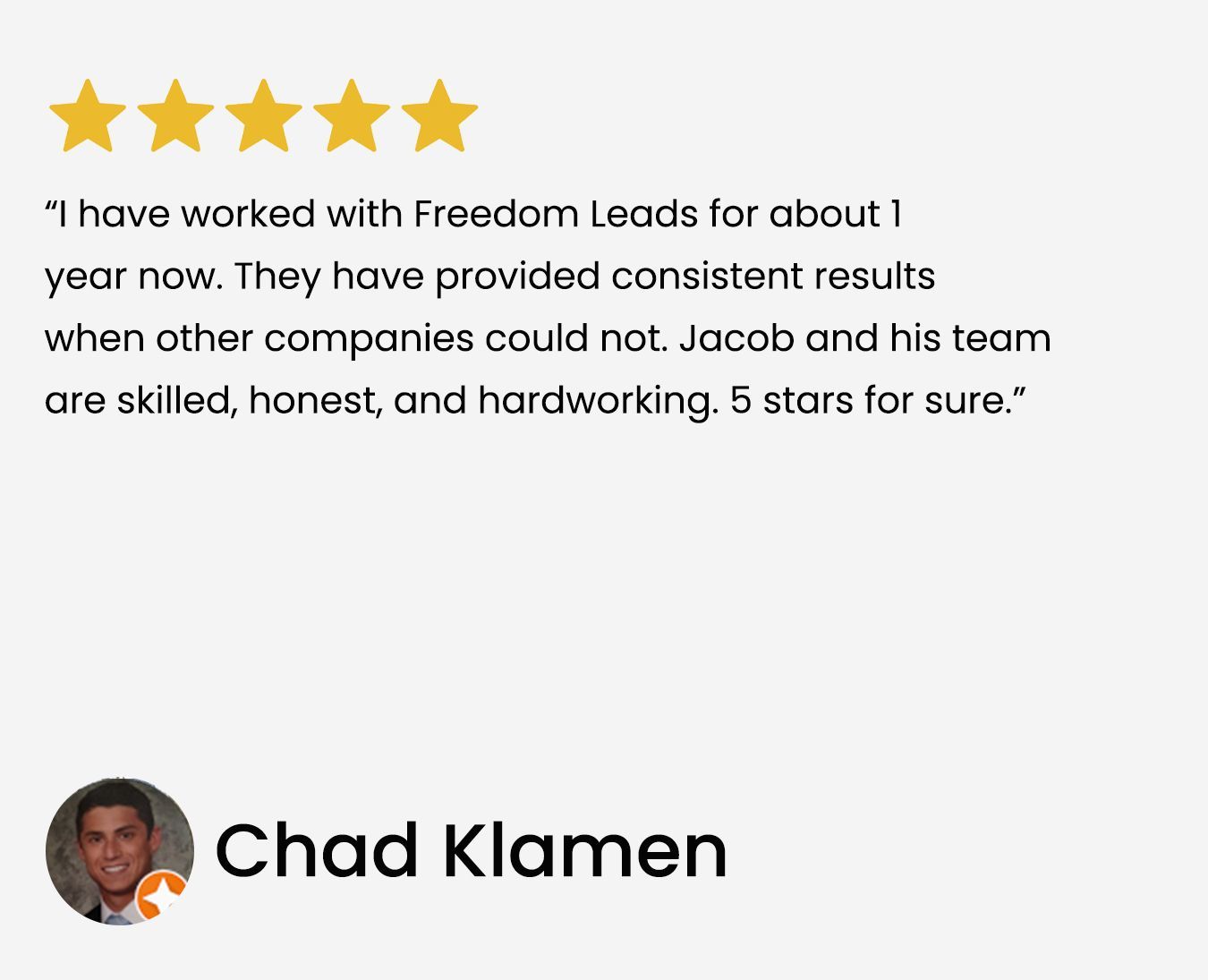 Customer review with 5-star rating for Freedom Leads, from Chad Klamen.