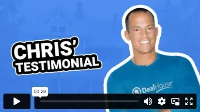 A video of chris 's testimonial is being played on a blue background.