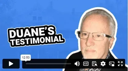 A video of a man wearing glasses is titled duane 's testimonial.
