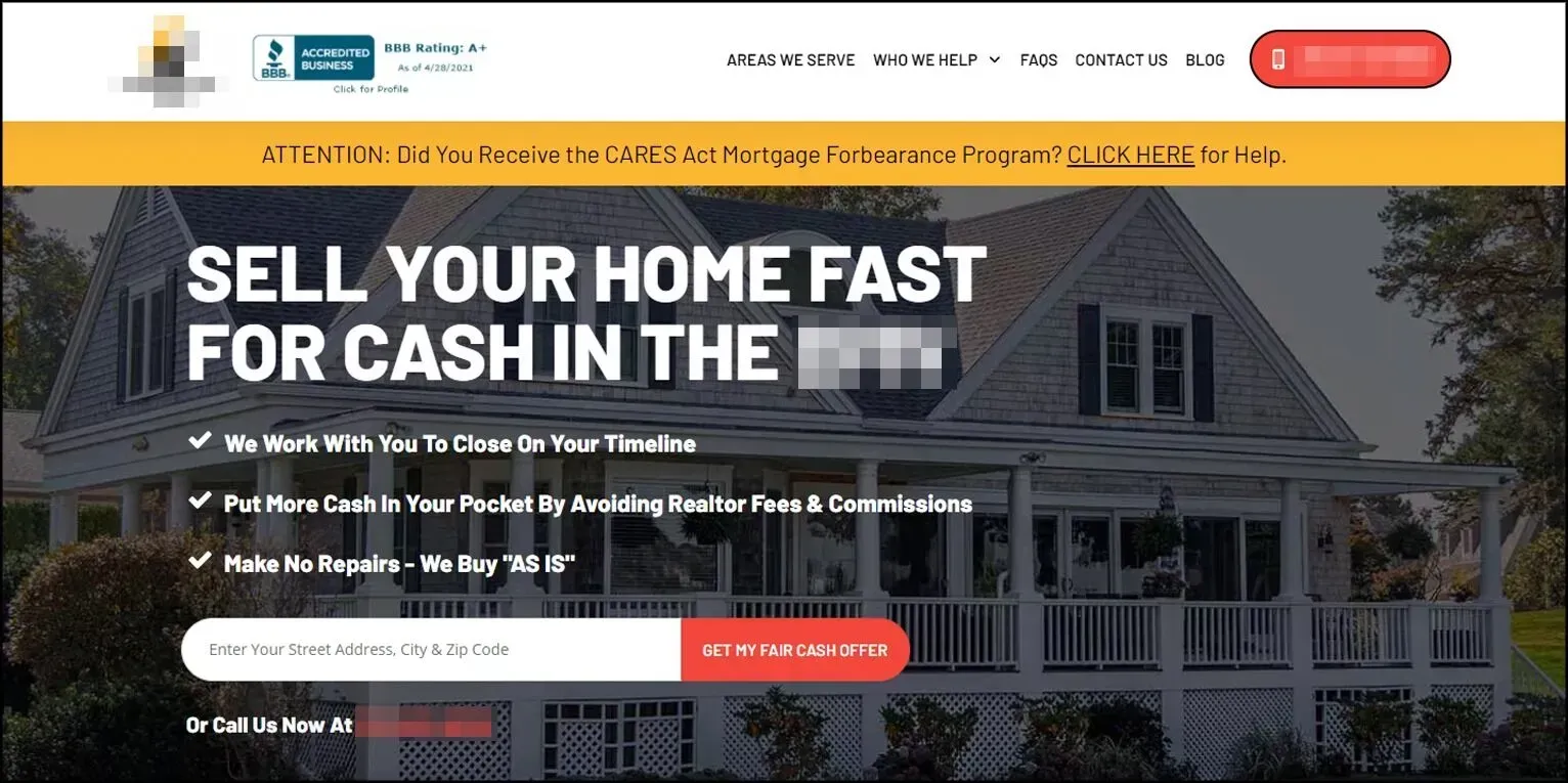 A screenshot of a website that says sell your home fast for cash in the