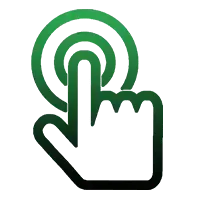A green and black icon of a hand pressing a button.
