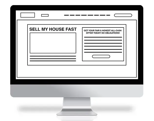 A computer monitor is displaying a website that says `` sell my house fast ''.