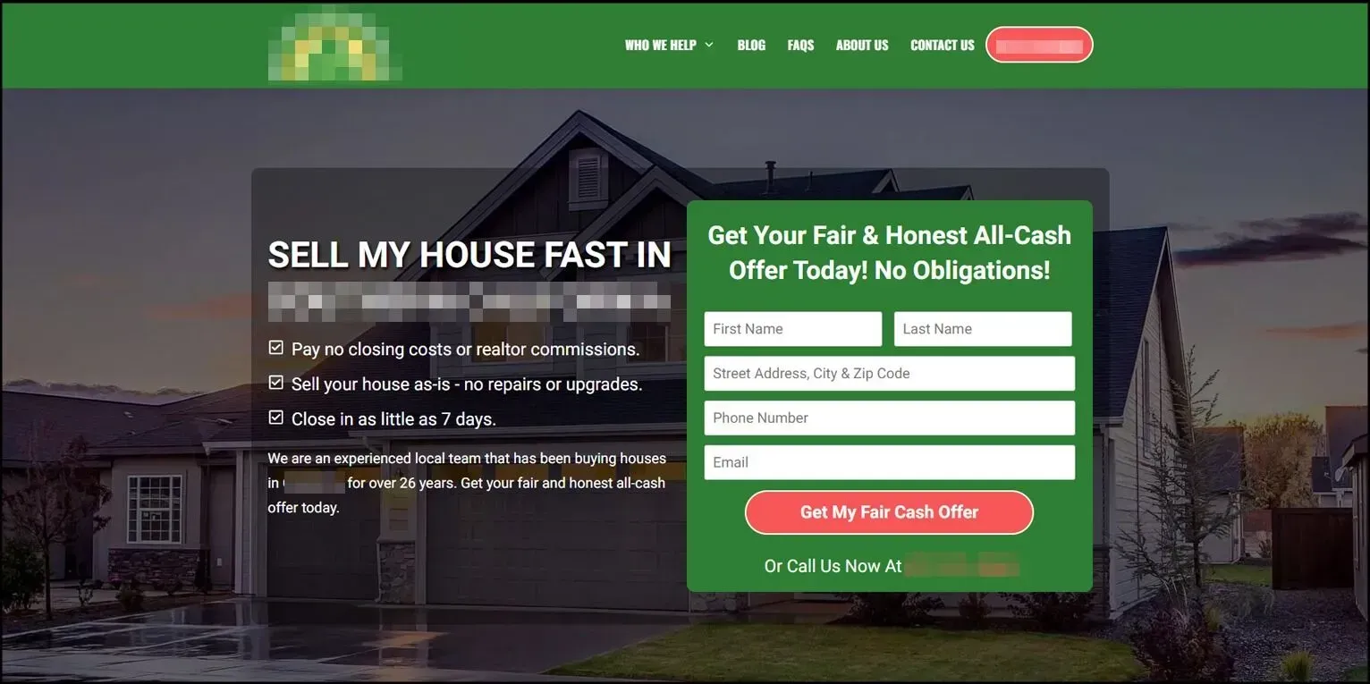 A screenshot of a website that says sell my house fast in