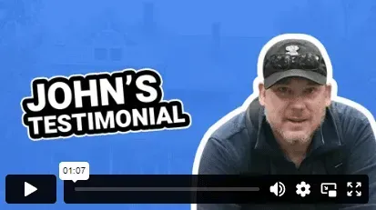 A man wearing a hat is standing in front of a blue background with the words john 's testimonial on it.