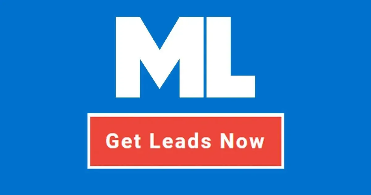 A blue background with a red button that says get leads now