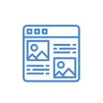 A blue icon of a website with pictures and text on a white background.