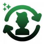 A silhouette of a person in a circle with arrows around it.