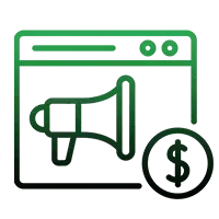 An icon of a website with a megaphone and a dollar sign.