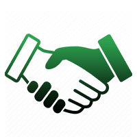 A green and black handshake icon on a white background.