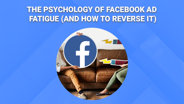 Title card with Facebook logo and seated figures, text about ad fatigue, blue background.
