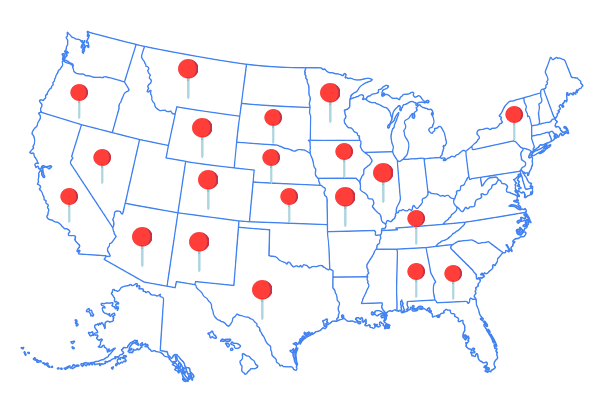 A map of the united states with red pins on it