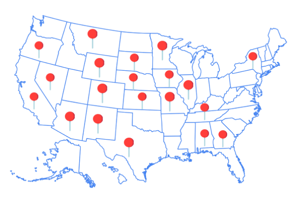 Red pushpins on a map of the United States, indicating locations.