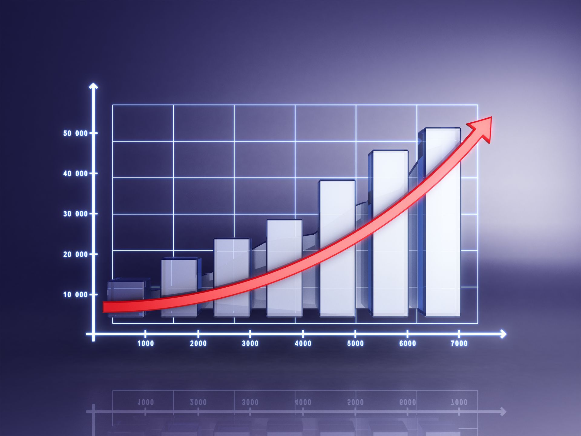 Bar graph with increasing columns and a red upward-pointing arrow, indicating growth.
