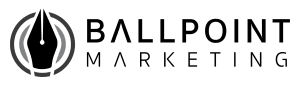 A black and white logo for ballpoint marketing with a pen in the middle.