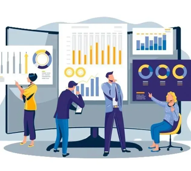 A group of people are standing around a table looking at charts and graphs.