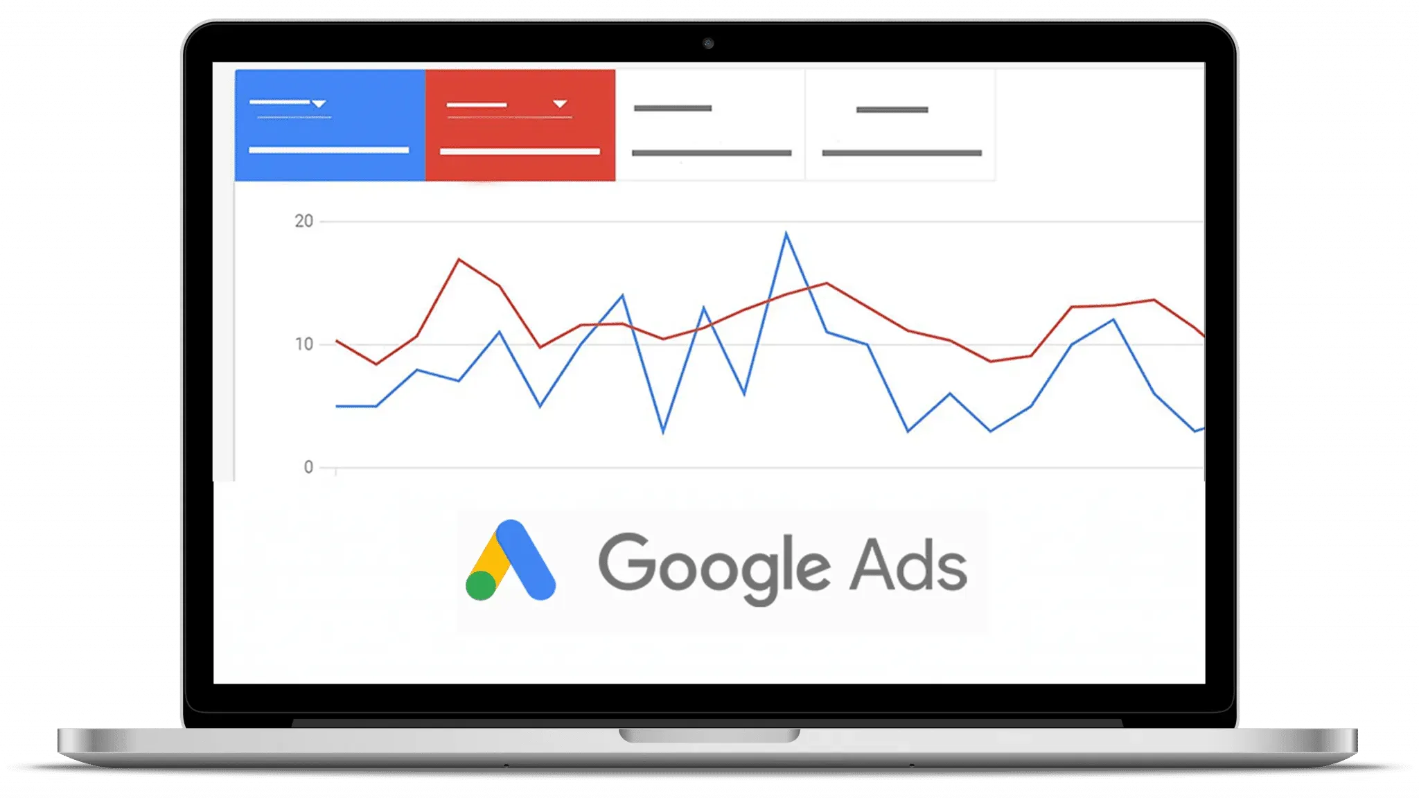 A laptop computer with a google ads logo on the screen.