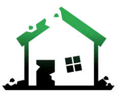 A green and black icon of a house with a broken roof.
