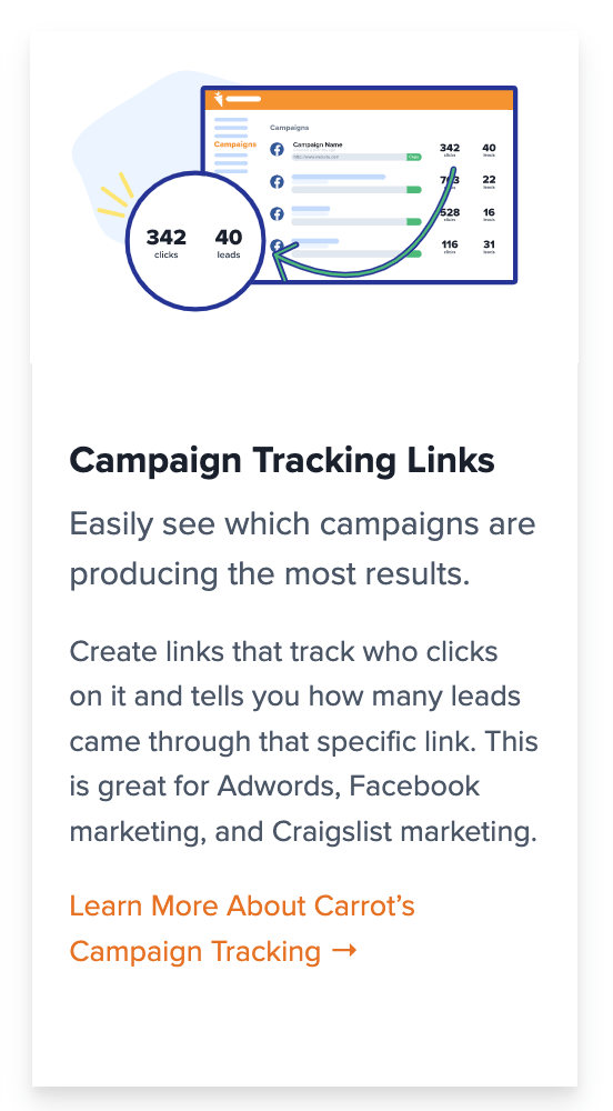 Campaign tracking graphic with a dashboard showing lead data and arrow pointing to it.