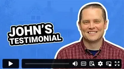 A man is standing in front of a blue background with the words `` john 's testimonial '' on it.