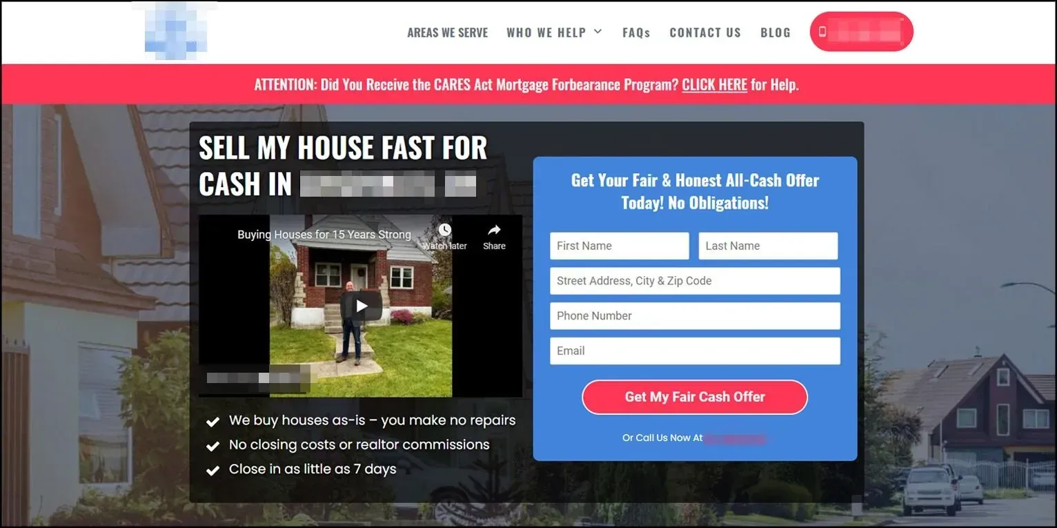 A screenshot of a website that says sell my house fast for cash in