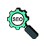 A magnifying glass with a gear and the word seo on it.