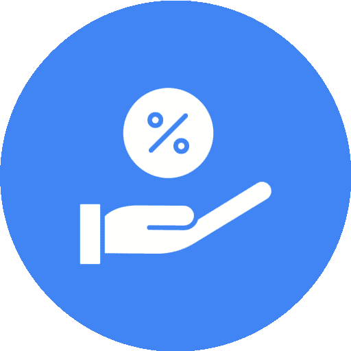 A hand is holding a percentage sign in a blue circle.