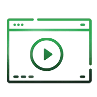 A green icon of a computer screen with a play button in the middle.