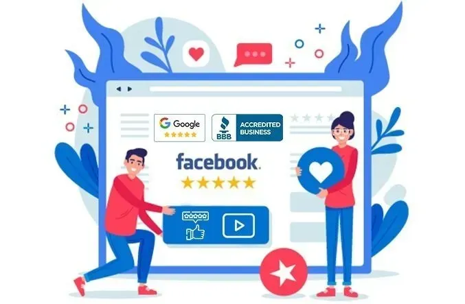 A man and a woman are standing in front of a facebook page.