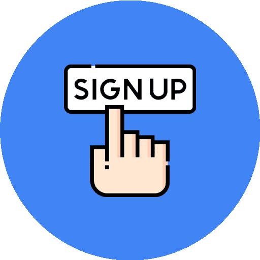 A hand is pointing at a sign up button in a blue circle.