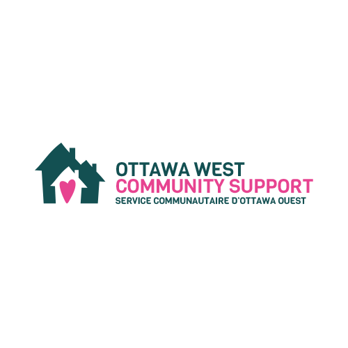 A logo for ottawa west community support with a house and a heart.