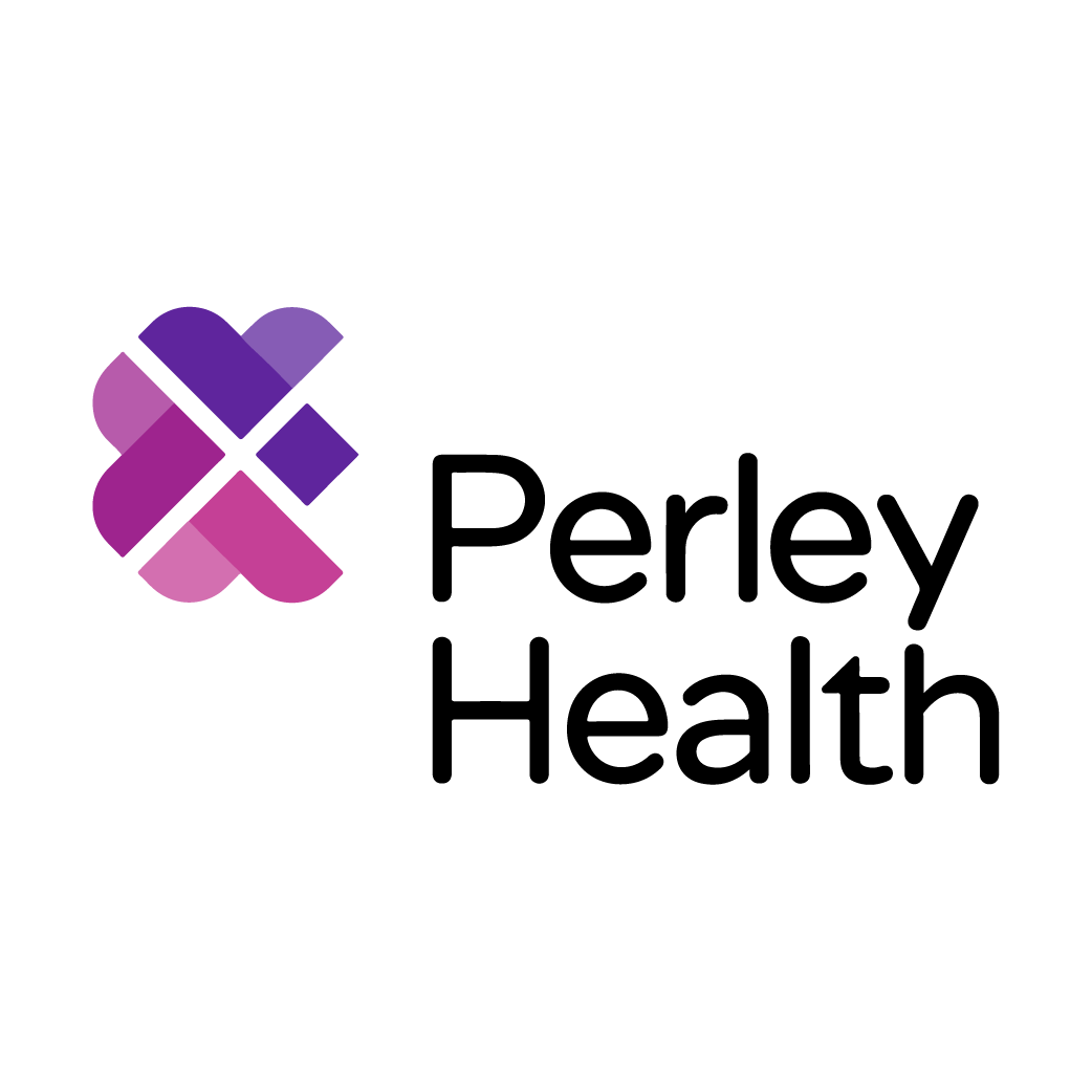 The perley health logo is purple and black with a purple heart.