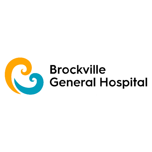 A logo for brockville general hospital with a blue and yellow swirl.