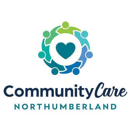 The logo for community care northumberland is a circle of people with a heart in the middle.