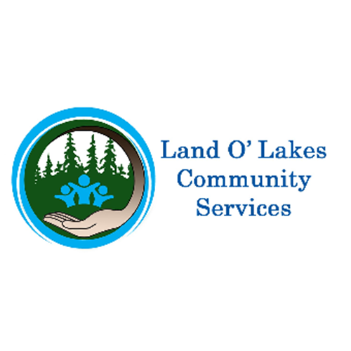 Logo for Land O' Lakes Community Services. A blue circle frames trees, people figures, and a hand offering help.