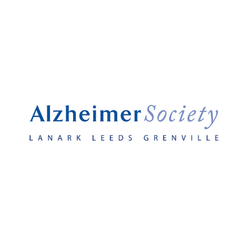 The logo for the alzheimer society is blue and white.