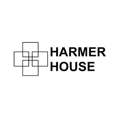 The harmer house logo is black and white and looks like a cross.