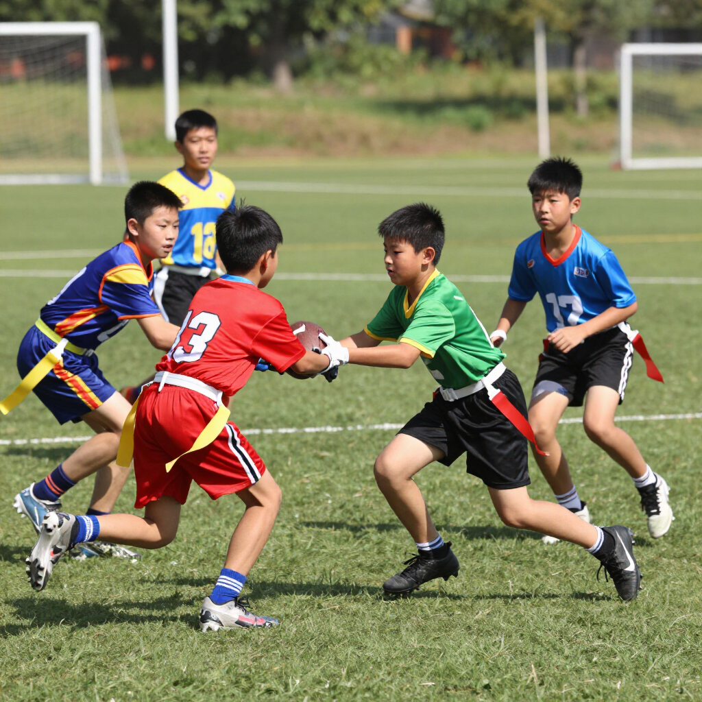 Children playing rugby on a grassy field, with red, green, and blue jerseys in action.