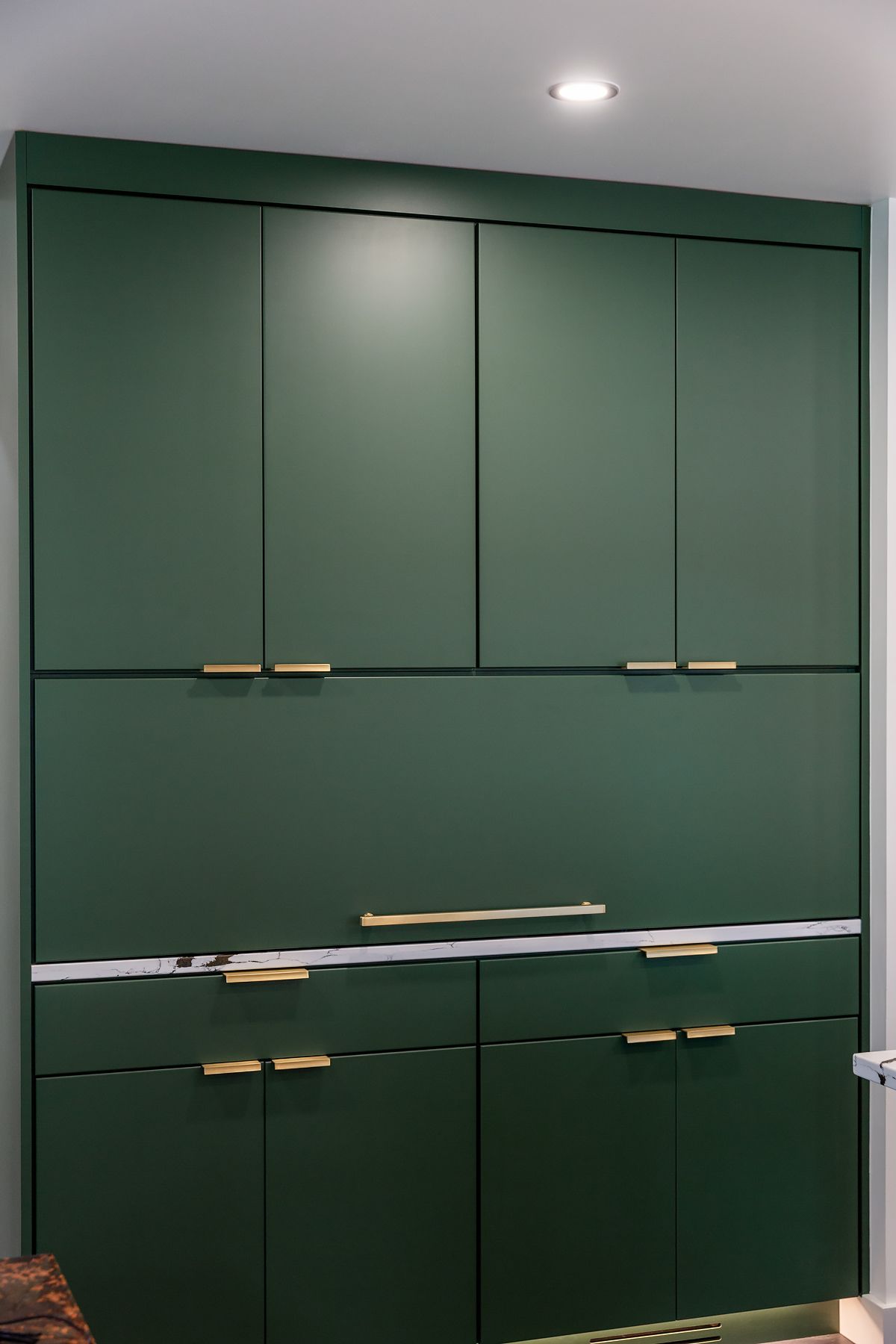Dark green built-in cabinets with gold handles in a room, beneath a ceiling light.