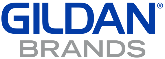 The logo for gildan brands is blue and gray on a white background.