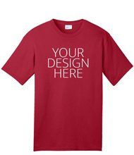 A red t-shirt with the words `` your design here '' on it.