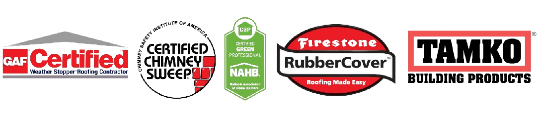 Brand logos: AW Certified, Certified Chimney Sweep, Firestone RubberCover, and TAMKO Building Products.