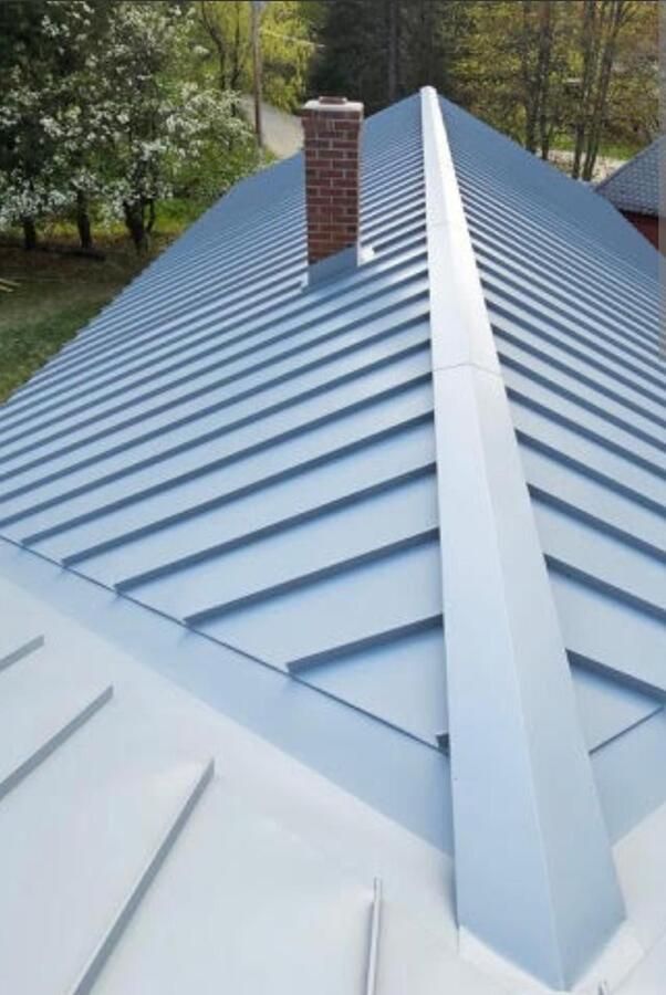 Blue metal roof with a central ridge vent and chimney, surrounded by trees