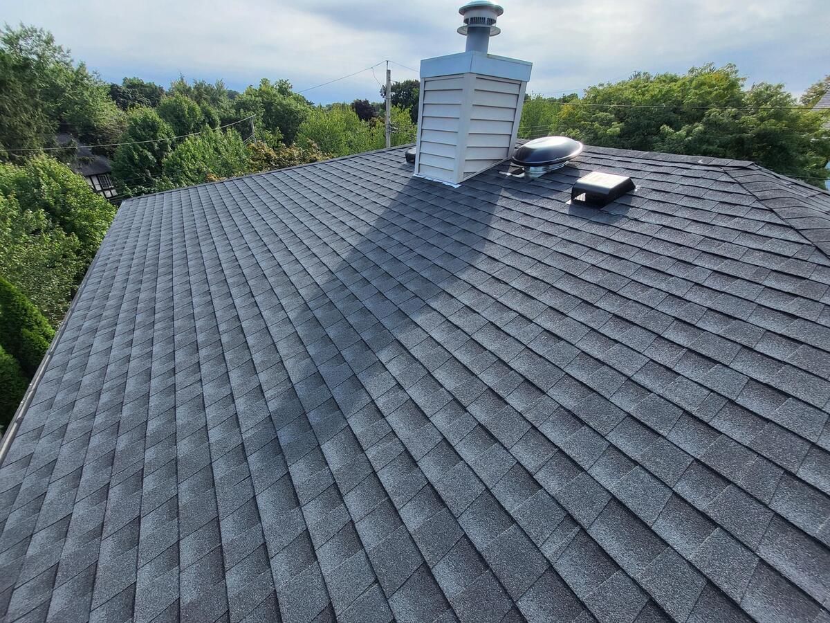 Dark gray shingled roof with a chimney and vent, surrounded by trees under a cloudy sky