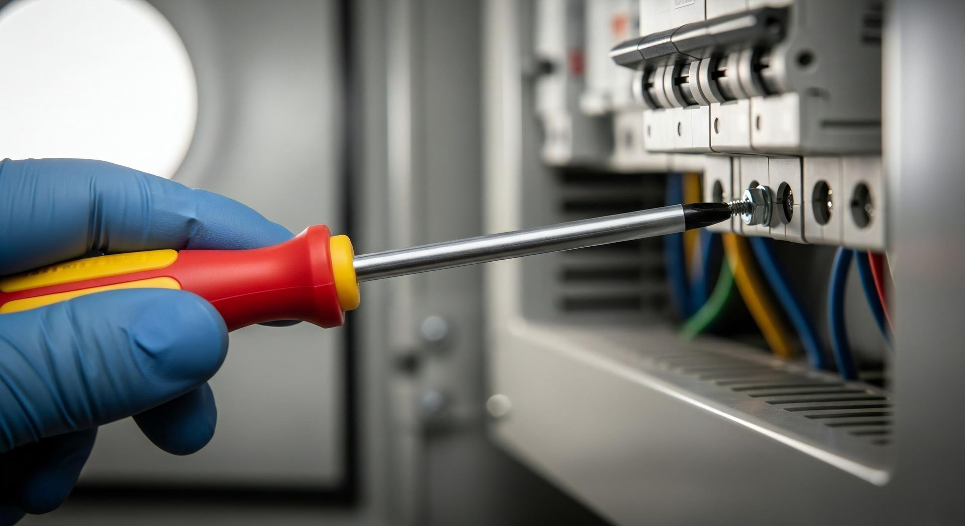 Electrician's hand using a screwdriver to adjust wiring in an electrical circuit breaker panel.