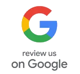Google logo with “review us on Google” text in gray and black
