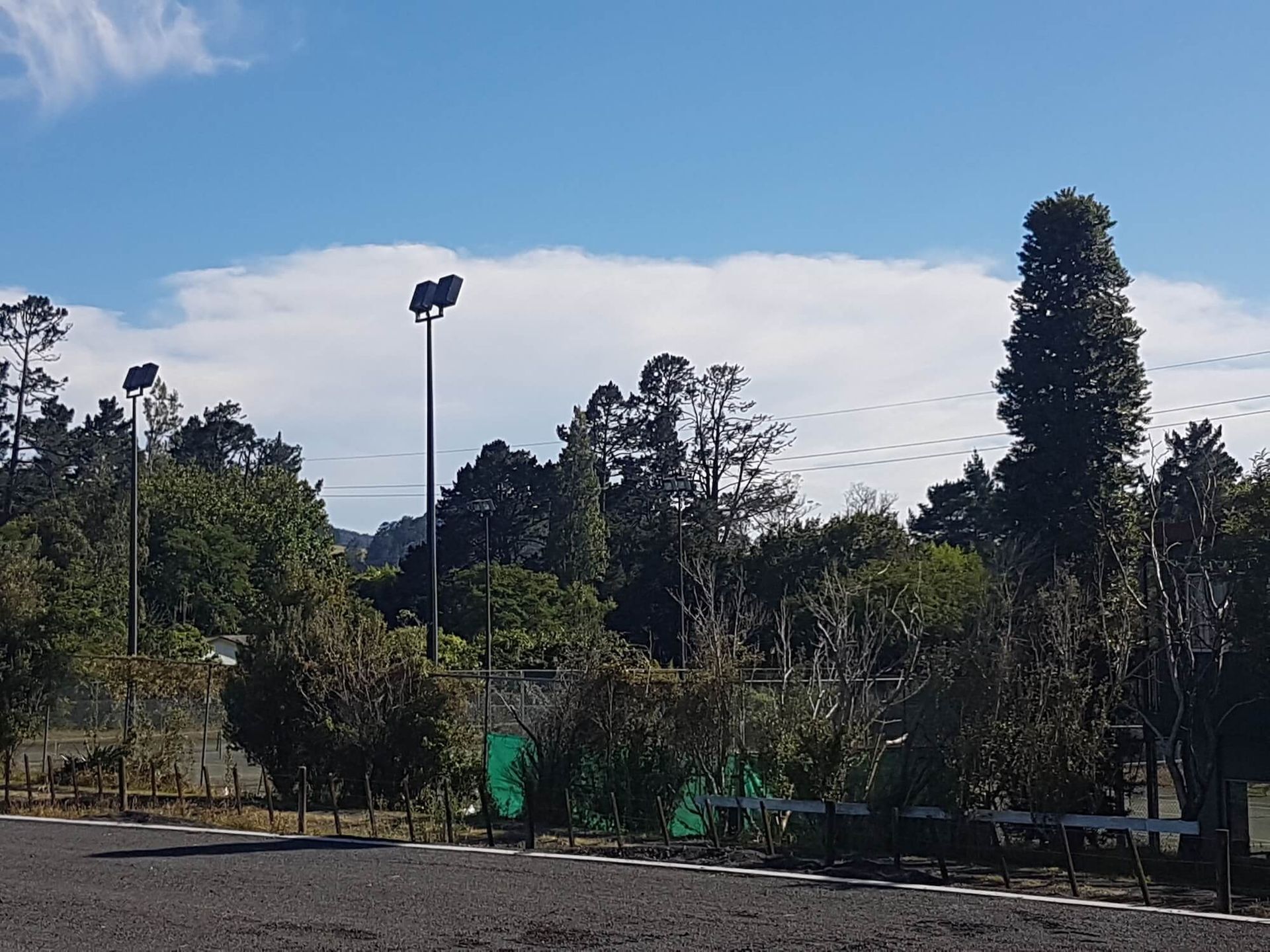 Tennis court with green trees, dark-colored light poles, and a bright blue sky with wispy clouds.